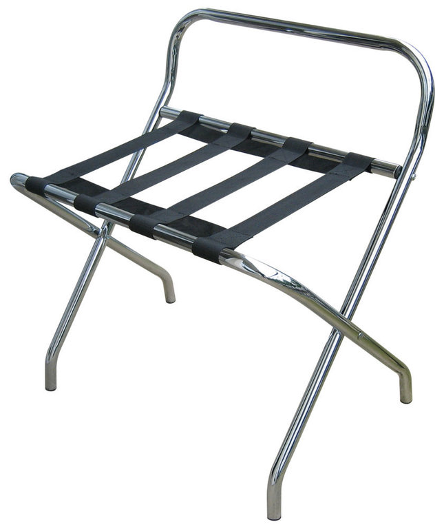 Chromed metal hotel luggage rack with backrest