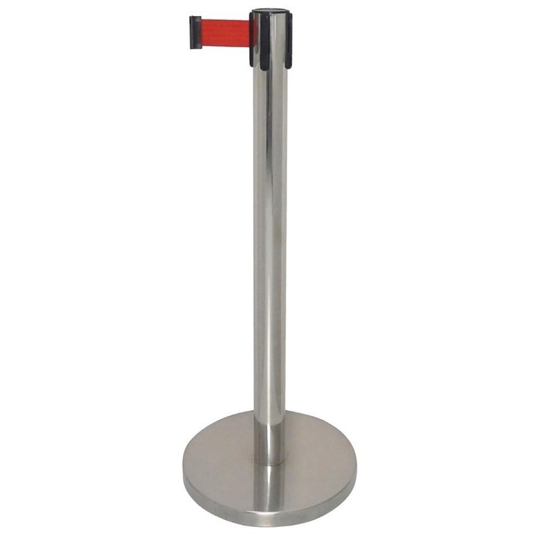 Stainless steel barrier with red retractable strap