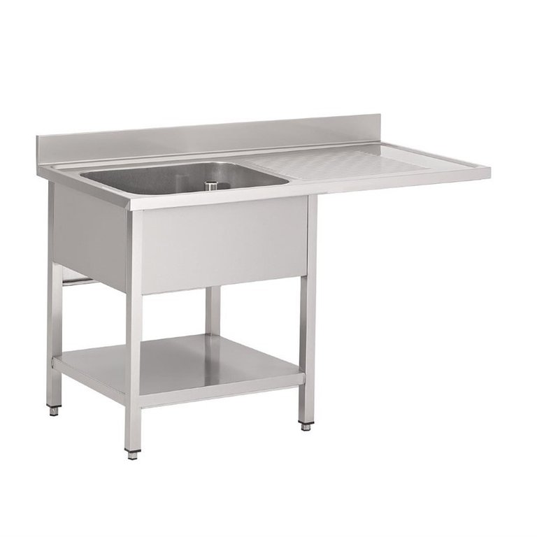 Stainless steel sink with shelf and dishwasher location