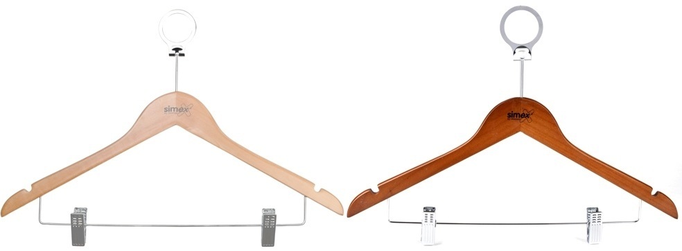 Wooden hanger with anti-theft ring and clamps