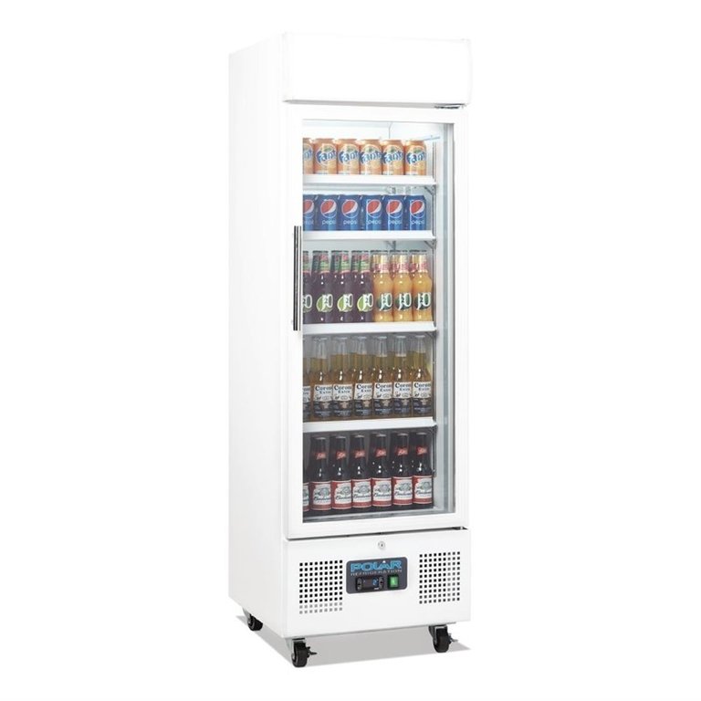 Upright white display fridge with glass door 218 Ltr