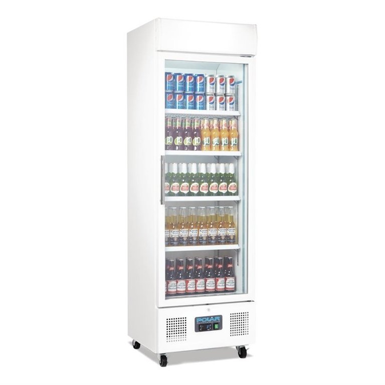 Upright white display fridge with glass door 336 Ltr