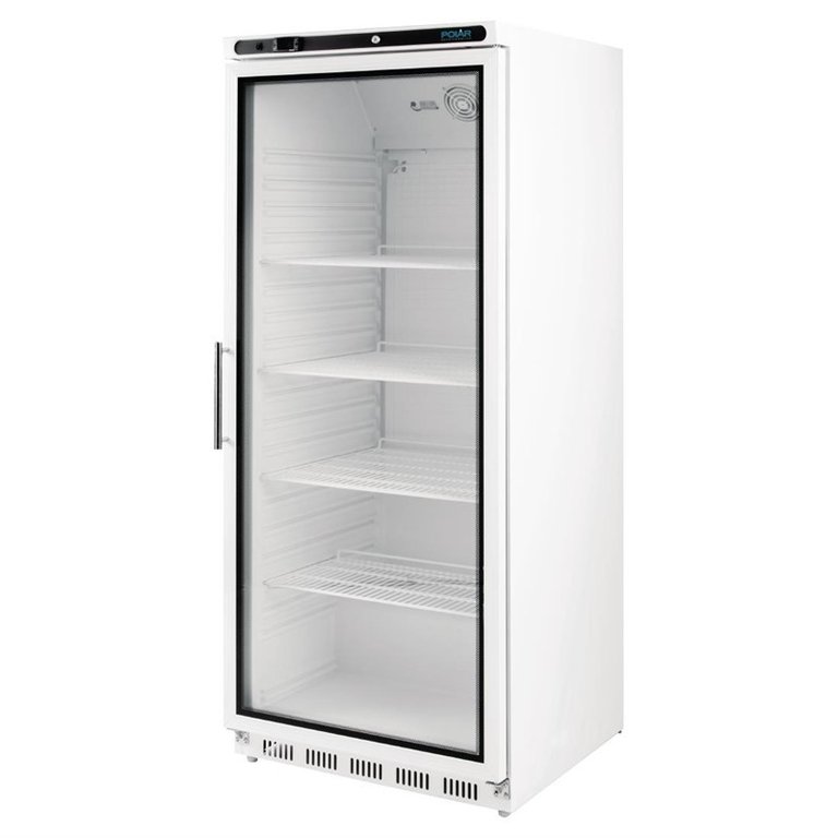Upright white display fridge with glass door 600 Ltr